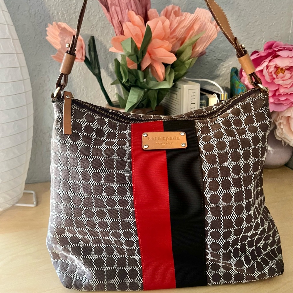 Kate Spade Vintage Dot Noel Red Brown Stripe Shoulder Bag